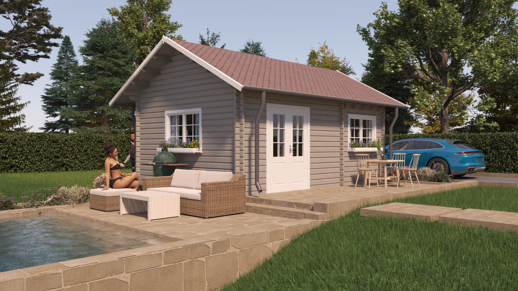 Grey log cabin with outdoor seating Dublin